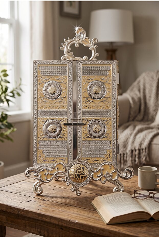 Silver Color Embossed Covered Quran Storage Box and Stand
