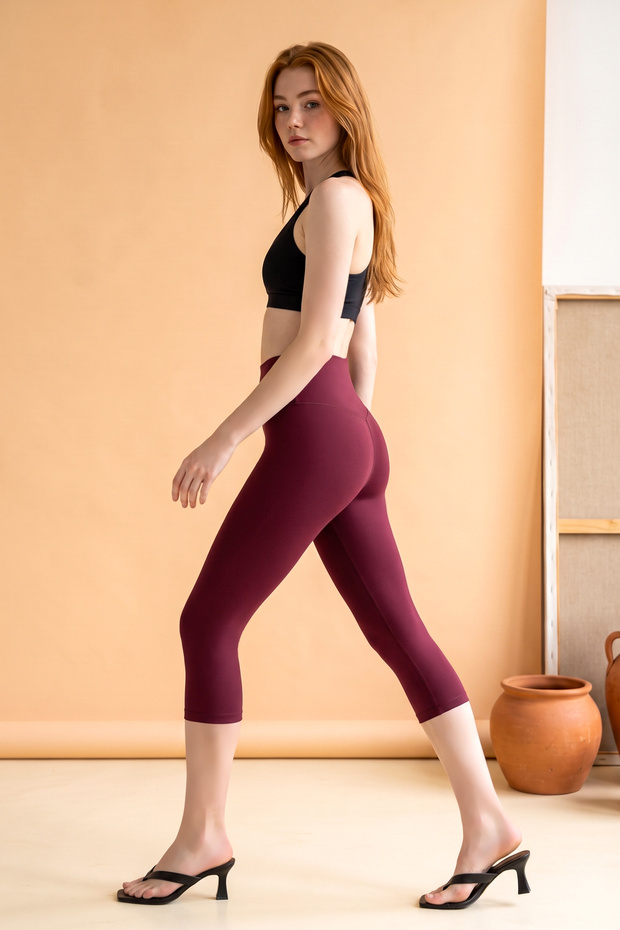 Ds Lara Burgundy Below-Knee Leggings High Waist, Gathering and Stretching Effect