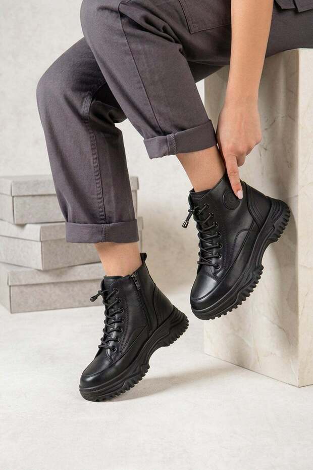 İsabella Imported Special Series Rubber Laces Genuine Leather Women's Sport Boots Charcoal