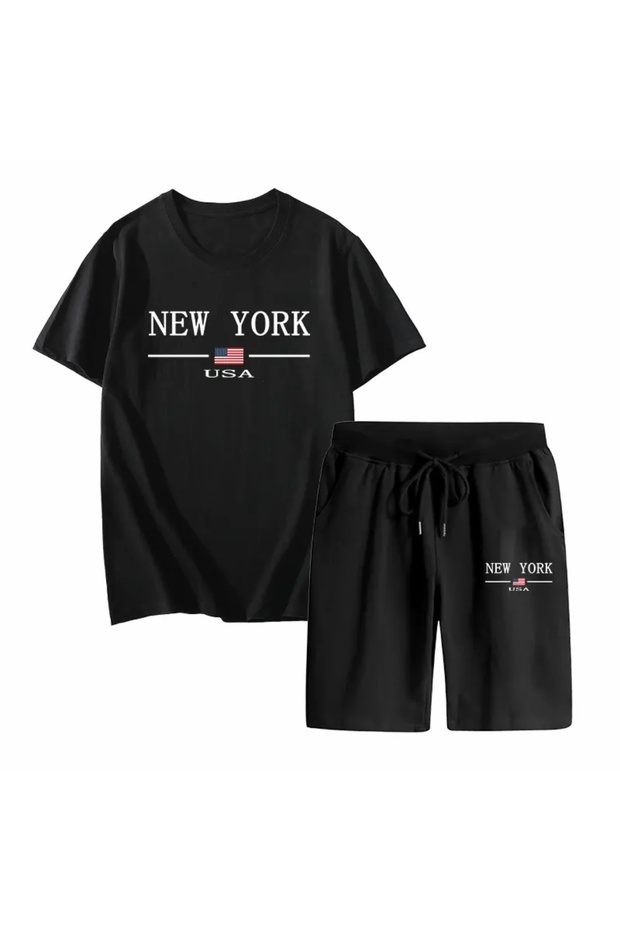 New York Printed 100% Cotton New Season Double Pocket Plus Size Men's T-Shirt Shorts Set