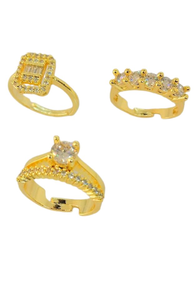 Three-Piece Gold Color Adjustable Finger Rings Set, Presented in a Gift Box, Decorated with Rhinestones and Zircon Stones