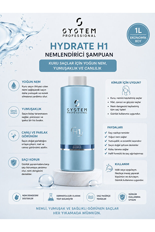 System Professional Hydrate H1 Moisturizing and Nourishing Shampoo for Dry Hair 1000ml