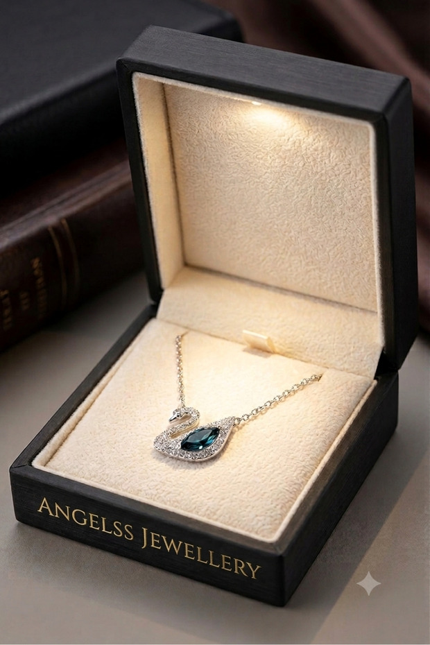 Swan Necklace in Lighted Box with Zircon Stones Silver Color Blue Stone Swan Necklace Lighted Box Swan Necklace Gift Necklace Blue Stone Swan Necklace