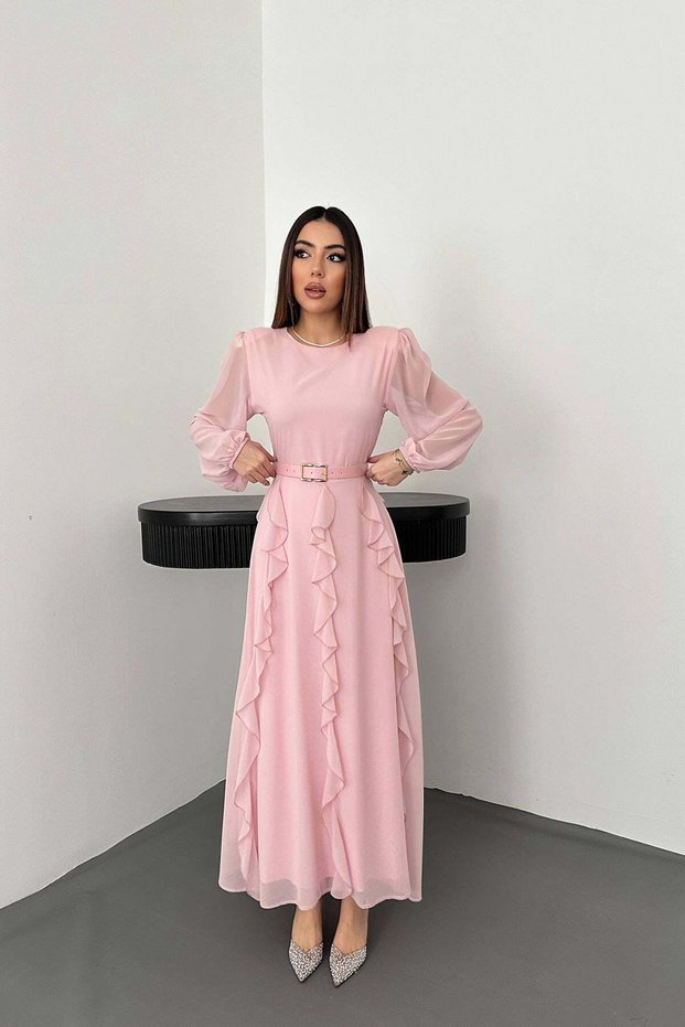 Women's Pink Chiffon Maxi Dress Crew Neck Belted Ruffle Long Balloon Sleeves