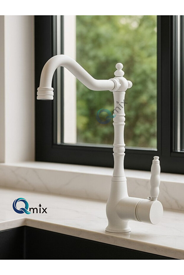 Rustic Model Premium Luxury Kitchen Sink Faucet Complete Brass Material White Color with Dual Water Inlets