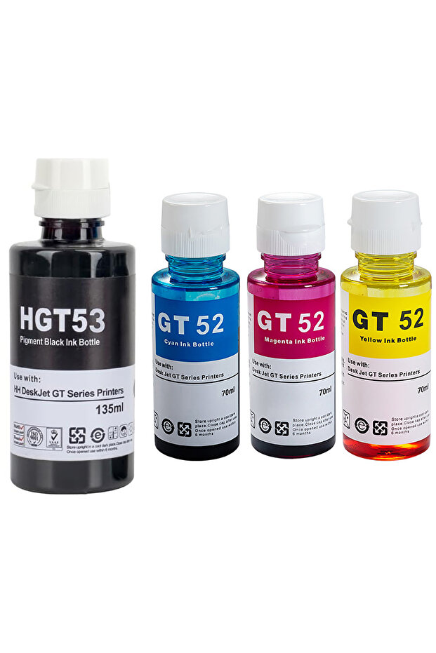 طقم إعادة تعبئة الحبر GT52 متوافق مع طابعات HP، عبوة من 4 قطع (أسود/سماوي/أرجواني/أصفر)