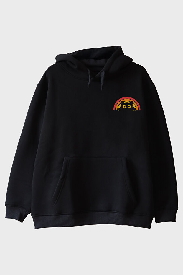 Rainbow Cat Printed Design Black Hoodie