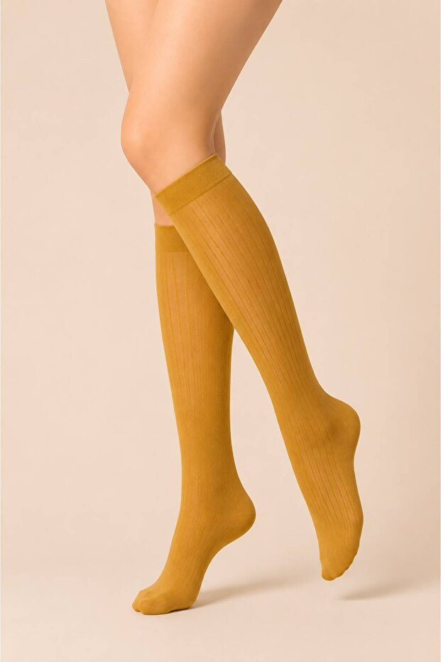 Women's Below Knee Pants Socks Medium Thick Micro 60 Mustard Stripe Patterned Socks