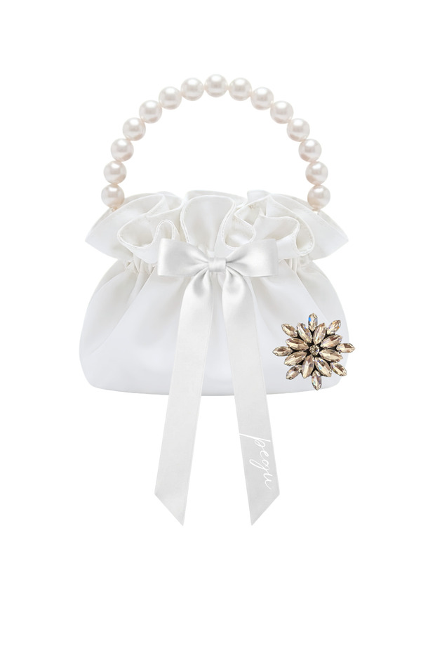 White Cotton Satin Bag, with Crystal Glass Stone Decoration, Pearl Handle, Satin Drawstring, for Daily Use / Evening Dress / Event / Celebration