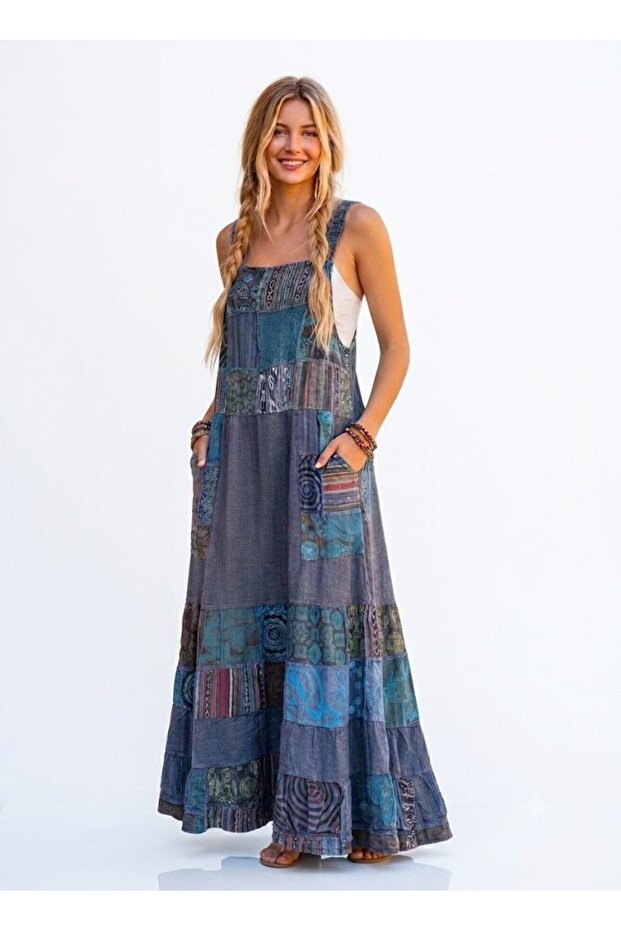 Bohem (Boho) Patchwork Sırt Dekolteli Maxi Elbise