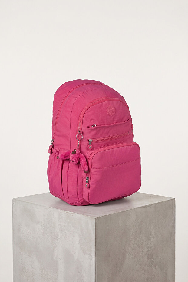Unisex Youth Fuchsia School Bag with Monkey Keychain, Multi-Compartment Crinkle Daily Backpack