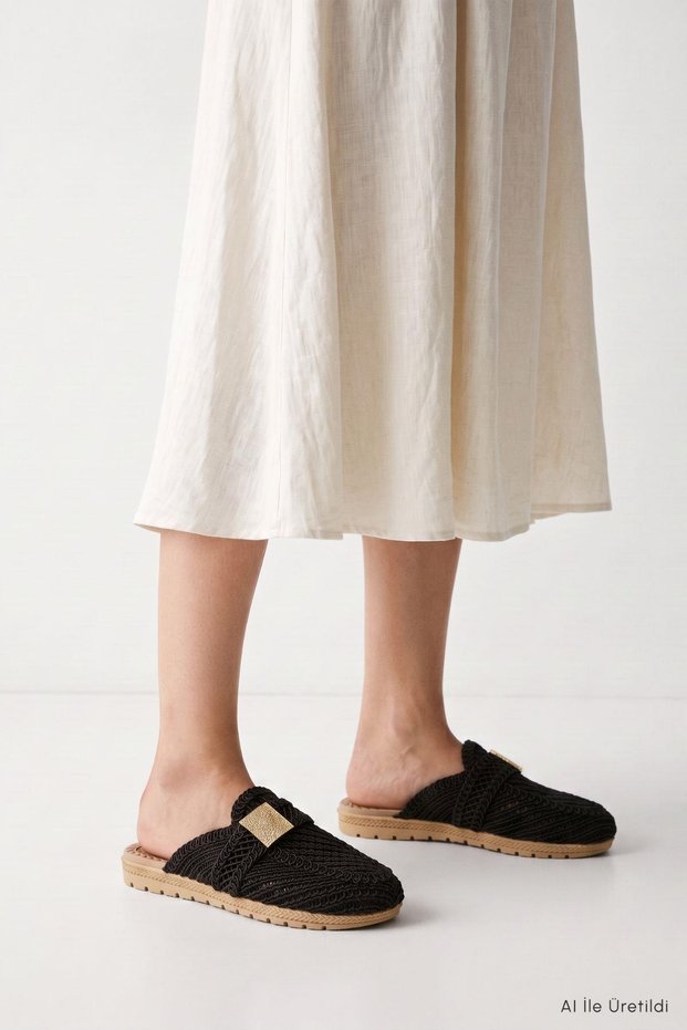 Gold Buckle Straw Women's Slippers 2129 Black