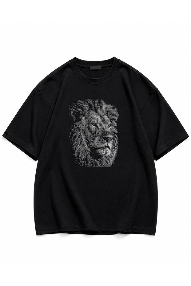 Cotton Women'S/Men's Unisex Cotton Oversize Crew Neck Lion Stone Patterned Stylish Comfortable T-Shirt with Team Design