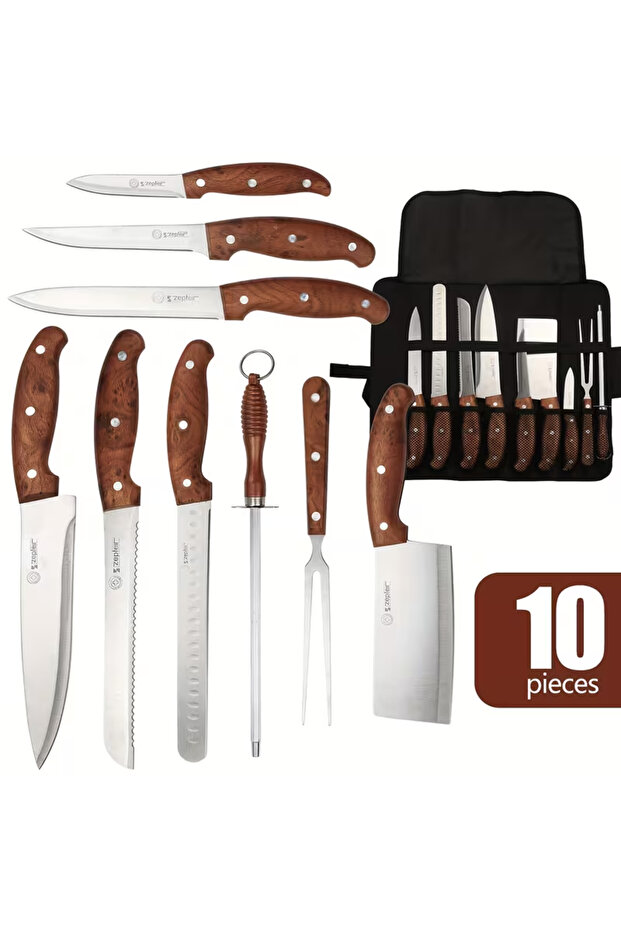 10-Piece Kitchen Knife Set with Storage Bag, Fork & Sharpener, Ultra-Sharp Chef Knives for Meat & Vegetable Prep, Ergonomic Handle Cooking Cutlery Set for Home Kitchens & Chefs