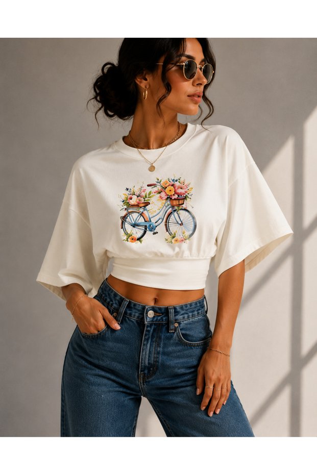 Women's Cycling Printed Lycra Bat Sleeve Body Tee Crop T-Shirt