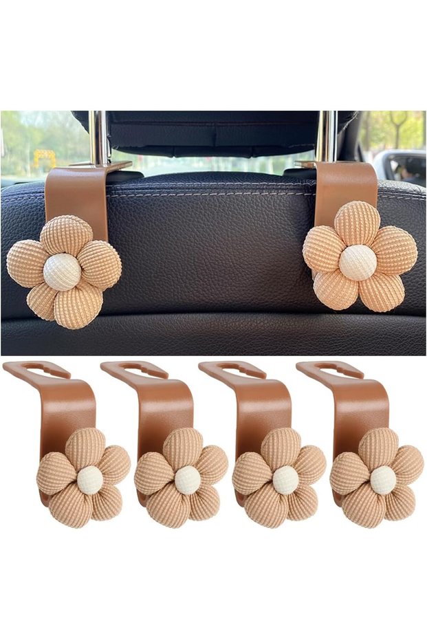 4-Piece Car Headrest Hooks, Cute Flower Seat Hanger Storage Decoration for Purse & Bag in SUV, Sedan, Truck (Beige)