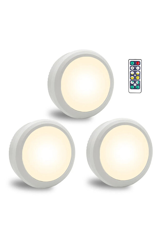 Three LED spotlights, battery powered, with remote control, white, wireless, suitable for display case lighting and shelf lighting, 3000K.