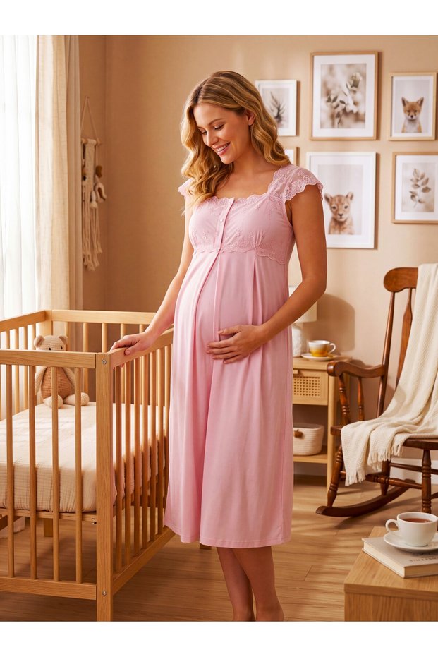 New Season Pink Easy Breastfeeding Friendly Stylish Lace Design Wide Strap 100% Cotton Maternity Nightgown