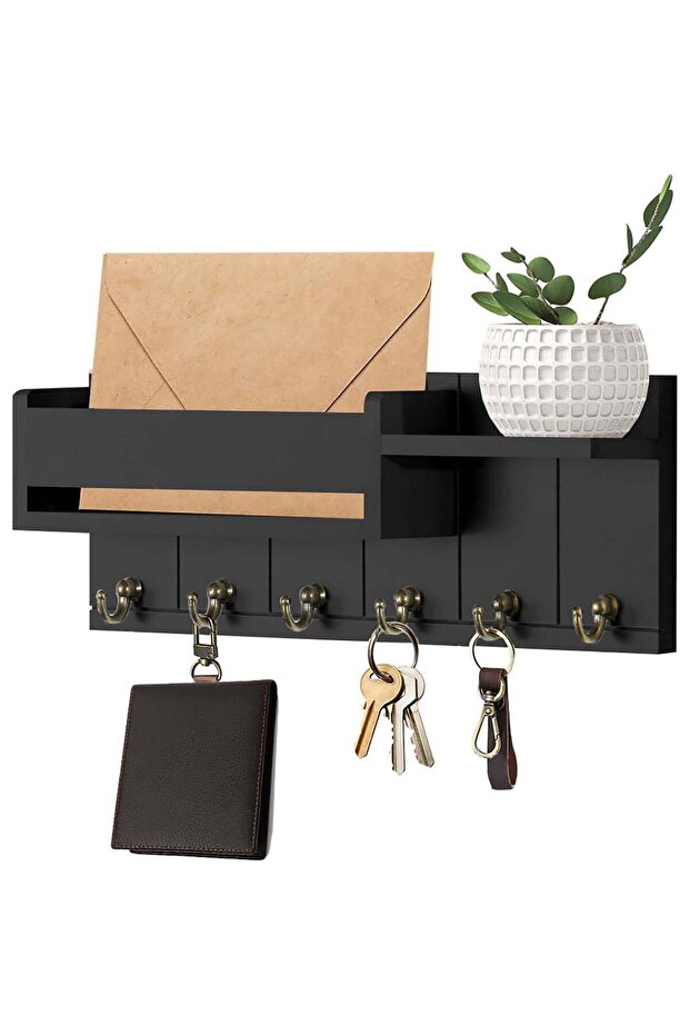 Wall-Mounted Wooden Key Holder & Organizer with 6 Hooks, Rustic Farmhouse Entryway Storage Rack (Black)