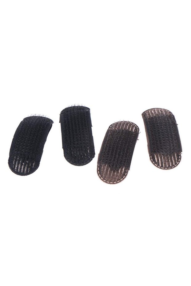 4-piece hair tool set: invisible hair cores (2 black + 2 brown), volumizing hair base, hair clips, volumizing hair pads, hair extension clips.