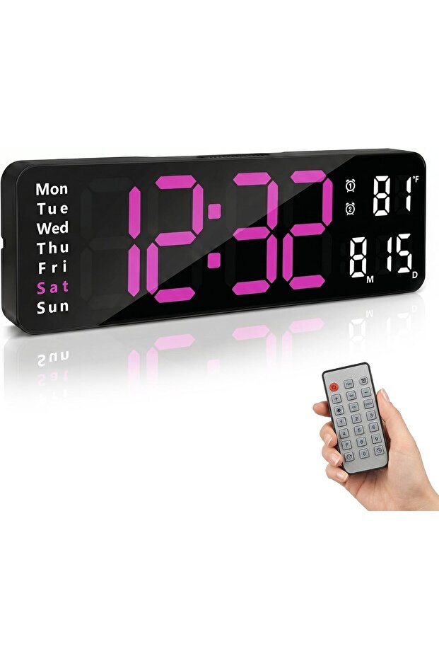 13 - inch large LED digital wall clock with remote control - design, adjustable brightness - displays time, date, and temperature - for living...
