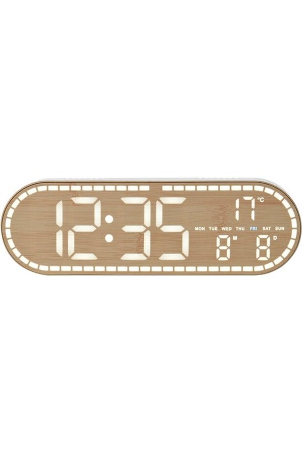 Digital wall clock with LED lighting, temperature display, and adjustable brightness, suitable for home use.