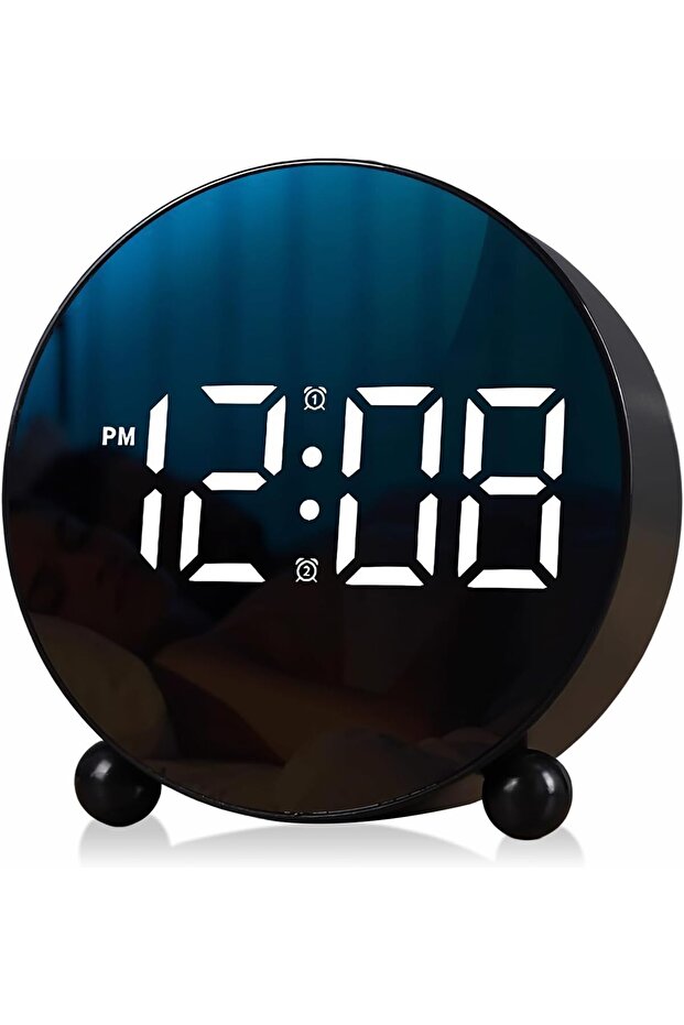 Digital Alarm Clock, Round LED Display Clock with Double Bells, 3 Brightness Levels, Silent Table Clock, Loud Bedside Alarm (Black)