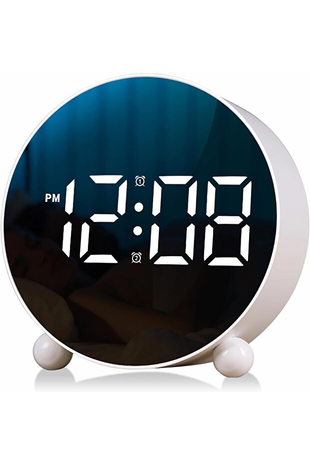 Digital Round LED Display Alarm Clock Small Clock Double Bells 3 Brightness Silent Table Loud Bedside Clock Bedroom Office White