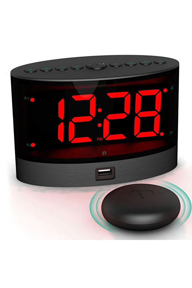 Wireless Vibration Alarm Clock Extra-Loud Volume for Hearing Impairments Deep Sleepers Dual Alarms Dimmable LED Display USB Interface