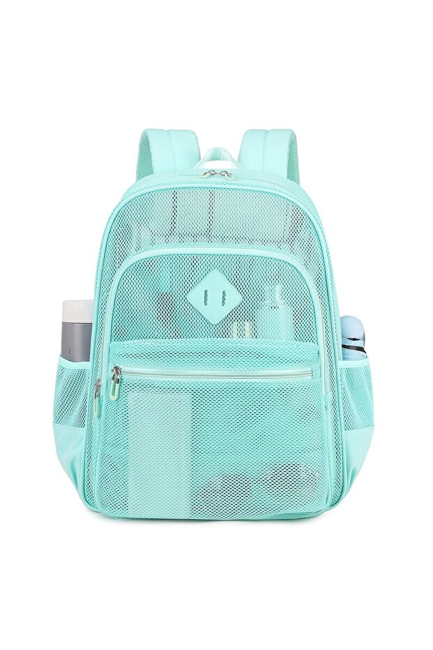 Highly durable mesh backpack with a transparent design, suitable for swimming, beach, sports, work, and travel (green).