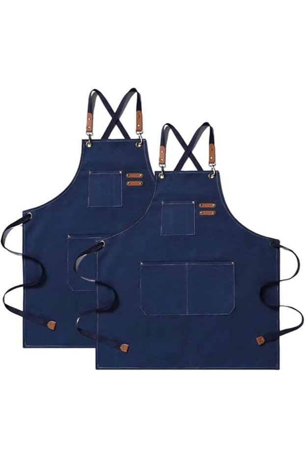 Unisex 2-piece apron set with pockets, waterproof kitchen, hairdresser linen, barbecue tools, canvas adult apron - dark blue