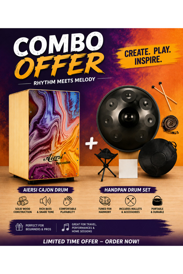 Premium Handpan Drum & Cajon Drum Combo Set with Carry Bag, Stand, Mallets & Cleaning Cloth | Steel Hand Pan Musical Instrumen