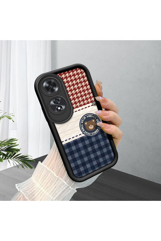 Oppo A60 Compatible Cute Bear Protective Case, Mix of Plaid and Lines, Impact Blocking