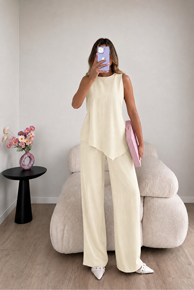Linen Tied Asymmetrical Cut Vest and Trousers Set