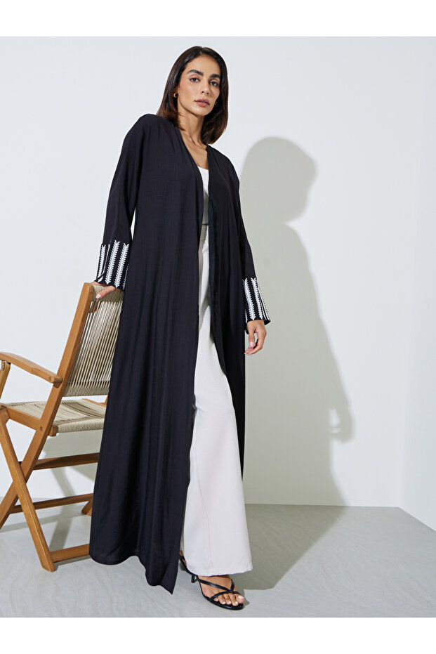 Black Embroidered Batwing Sleeves Open Front Abaya
