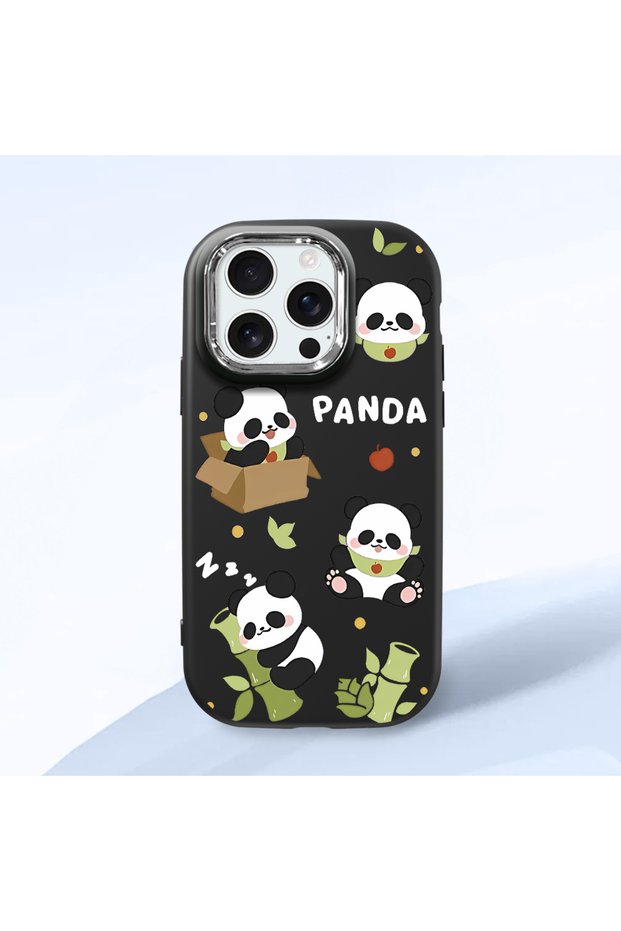 iPhone 16 Pro Compatible Case with Camera Protector Black Silicone Couple Phone Case with Panda Pattern