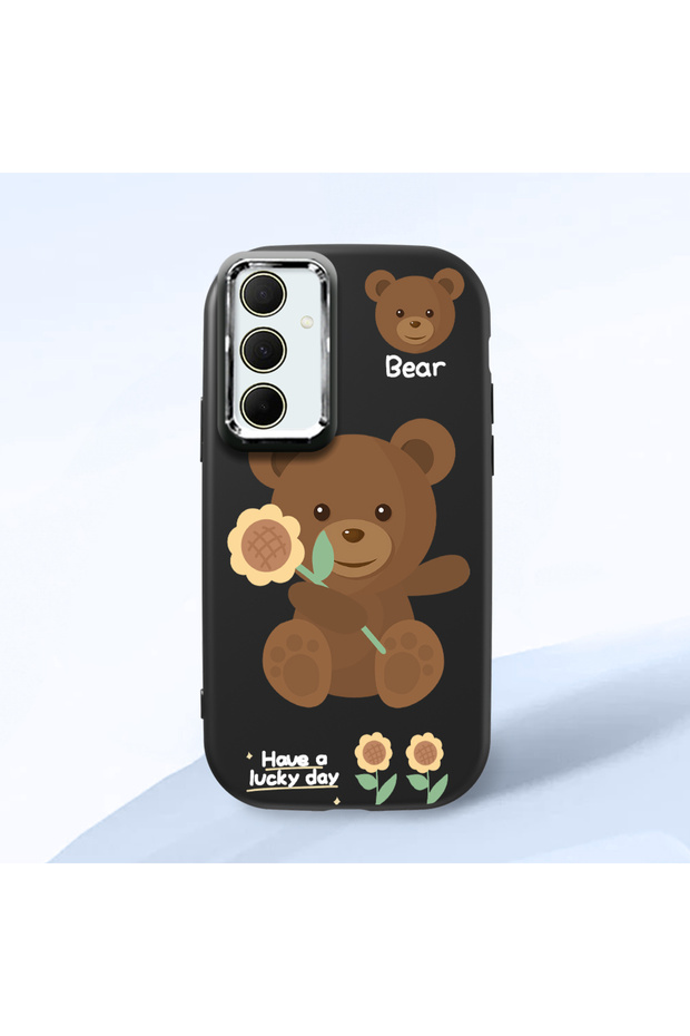 Samsung Galaxy A35 Compatible Case Camera Protector Black Silicone Couple Phone Case Bear Patterned