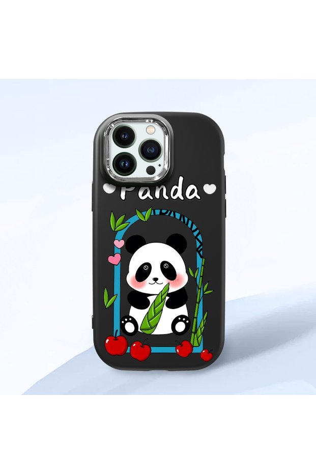 iPhone 13 Pro Max Compatible Case Camera Protector Black Silicone Couple Phone Case Panda Pattern