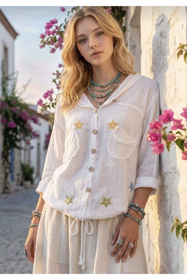 Hooded Colorful Star Embroidered Long Sleeve Pocketed Drawstring Cotton Linen Cardigan