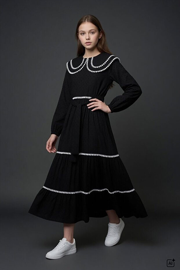 Black Girl's Lace Detailed Double Collar Polka Dot Long Dress 24753