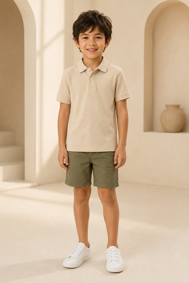 Children's Unisex Beige Short Sleeve Polo Collar T-Shirt 100% Cotton Lakos Fabric