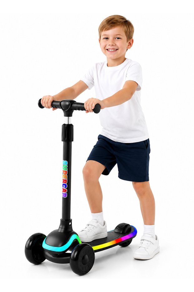 (cl463-Black)Kids 3‑Wheel Scooter, Height‑Adjustable Foldable Kick Scooter, Colorful Light, Gravity Steering Anti‑Tip Scooter for Children 2‑10 Years Old