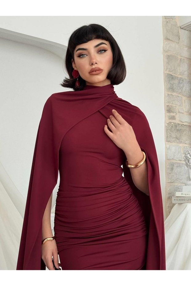 Women's Burgundy Midi Dress with Cape Detail, Gathered Midi Dress, Diver Fabric, Event Dress