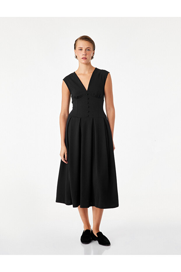 Crepe Scuba Fabric Sleeveless Buttoned V-Neck Corset Midi Dress