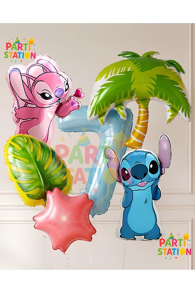 Lilo Stitch Balloon and Angel Balloon 7 Years Old 6 Piece Giant Size Tropical Birthday Balloon Set