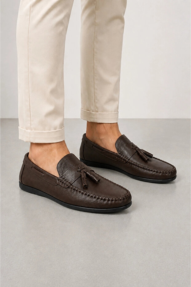 Benji Men's Inner and Outer Genuine Leather Loafer Shoes - Brown