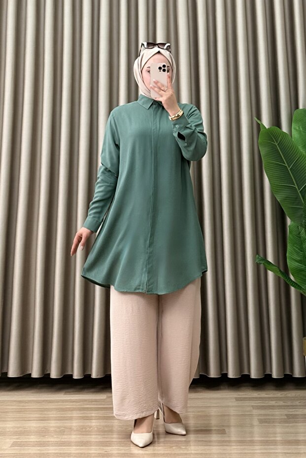 Icon Shirt Viscose Fabric Women's Green Hidden Buttoned Hijab Comfortable Casual Shirt