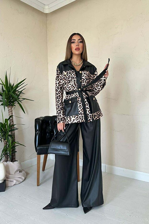 Women's Black Top and Bottom Set with Leopard Pattern Leather Trim and Belted Shirt and Pants