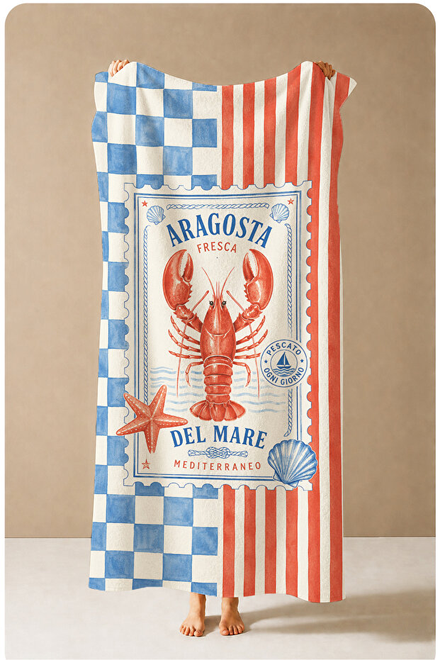 Retro Lobster Red Blue Plaid Poster Patterned 70X150 Beach Towel - Cotton Bath Towel