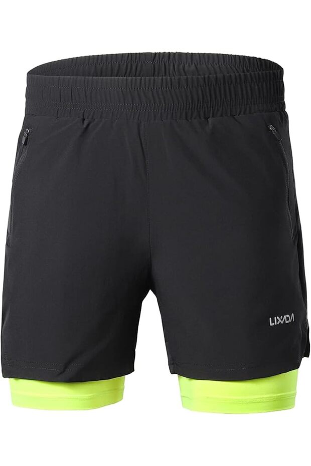 Men 2 in 1 Running Shorts Quick Drying Breathable Active Training Exercise Jogging Marathon Cy